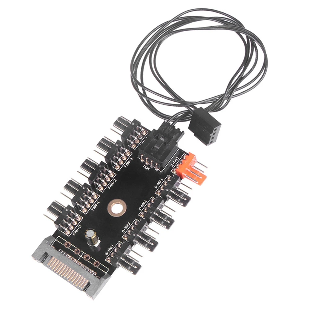 

10 Ports Chassis Fan Hub CPU Cooling HUB 12V 4 Pin Fan Controller 1 Female to 10 Male PWM Fan Hub SATA Adapter For Desktop PC