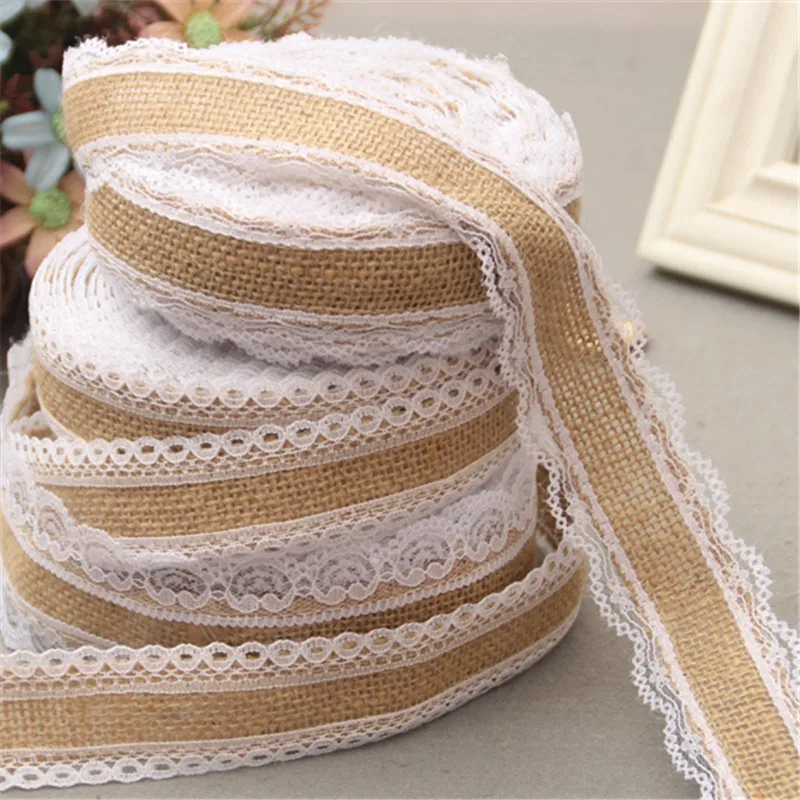 2 Meters Natural Jute Burlap Hessian Ribbon with Cotton Lace DIY Trim Fabric For Sewing Wedding Gift Box Decoration Accessories