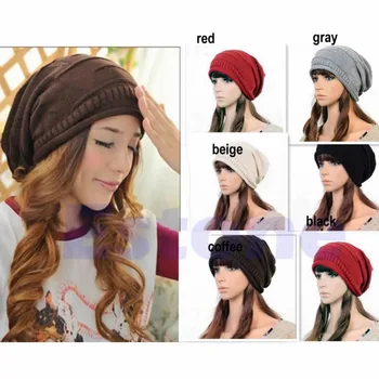 

Hot Fashion Women Ladies Unisex Winter Knit Plicate Slouch Cap Hat Knitted Skullies Beanies Casual 5 colors Free Ship F05