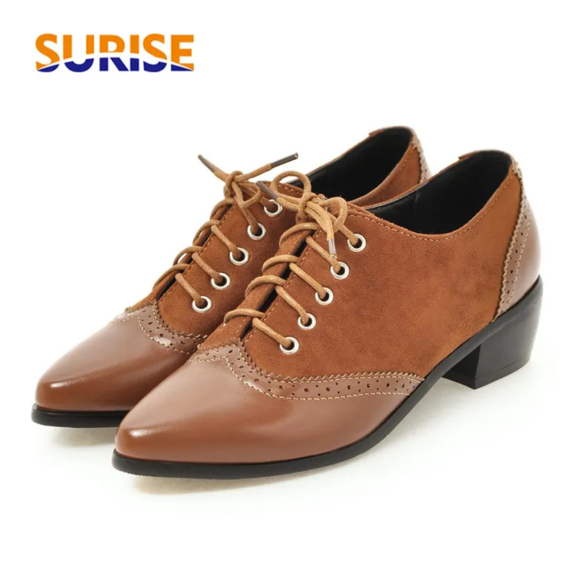 

British Women Oxfords Flock PU Leather Patchwork Pointed Toe Pumps Vintage Brogues Casual Medium Block Heel Lace Up Ladies Shoes