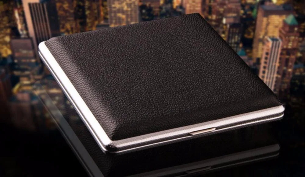 

Wholesale 12pcs/lot POCKET CIGARETTE CASE Metal Faux Leather Tin Holder Tobacco Smoking Box Brown and Black Retailed box packin
