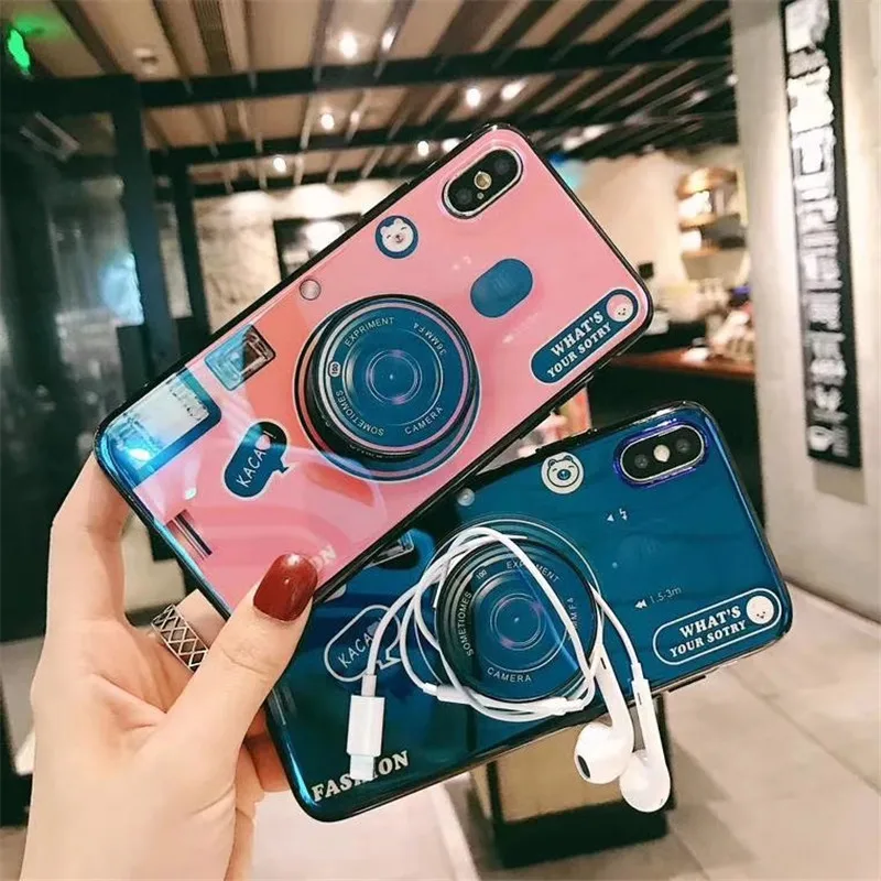 

Blue Ray Soft Silicon Cases for Iphone 7 8 6 6S Plus X 10 Fashion Camera Patterned Fitted Case with Extending Holder Back Cover