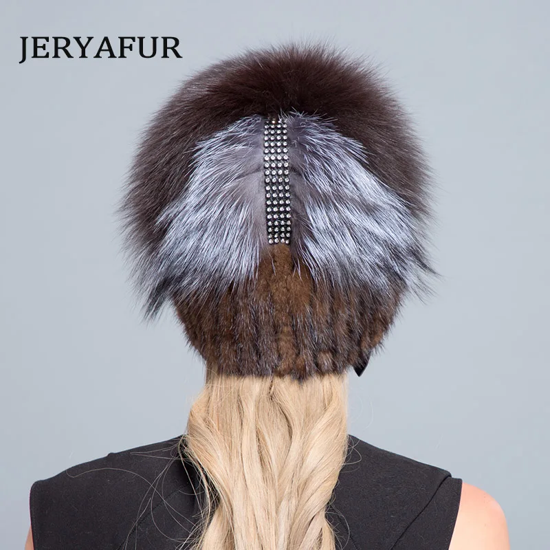 JERYAFUR,, шапка из натурального черного меха норки и лисы, вязаная шапка, русская Мода, меховая Лыжная шапка, зимняя женская шапка для путешествий