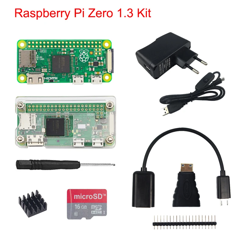 

Raspberry Pi Zero1.3 Kit + Acrylic Case + 5MP Camera + Micro OTG Cable + GPIO Header +Mini HDMI Adapter +16G SD Card + USB Cable