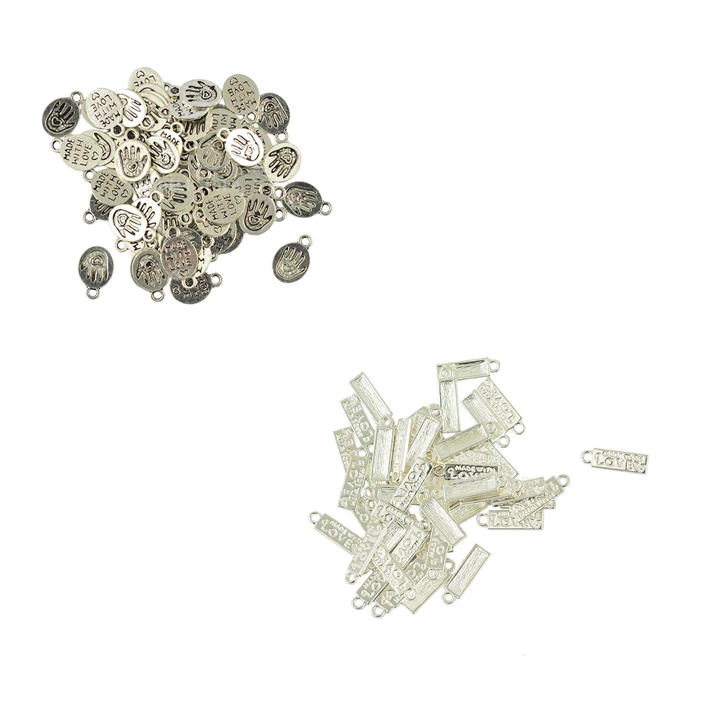 

50 Pieces Tibetan Silver Plated MADE WITH LOVE Heart Label Charm Pendant DIY Findings Rectangle/Oval