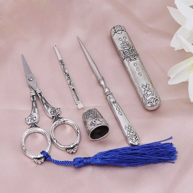 Sewing Scissors Set Vintage Embroidery Tool Alloy Awl Threader Thimble