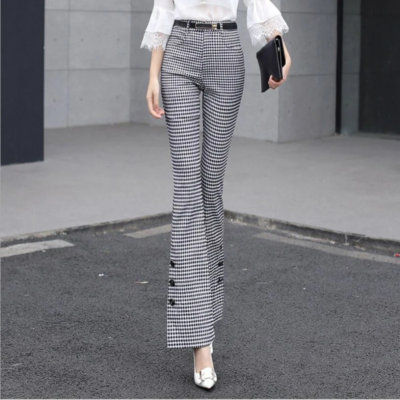 

High Brands Black And White Lattice Flare Pant Female Summer 2019 New High Waist Loose Pant Retro Office Plaid Pants Trousers