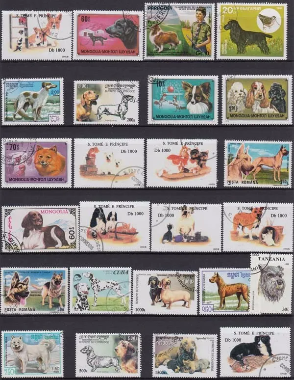 250 разных не повторяющихся почтовых марок с изображением собаки во всем мире в хорошем состоянии для сбора