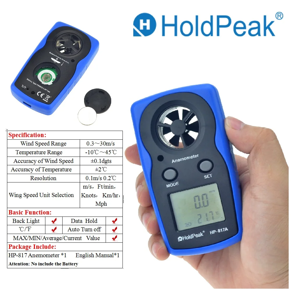 

HoldPeak HP-817A Mini Handheld Wind Speed Meter Anemometer with Data Hold Back Light Auto Turn off