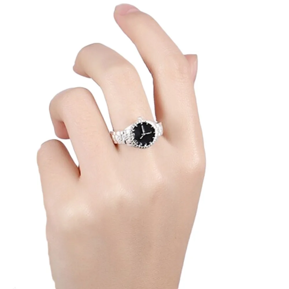 Womens Fashion Creative Watch Shape Silver Plated Rings Dial Quartz