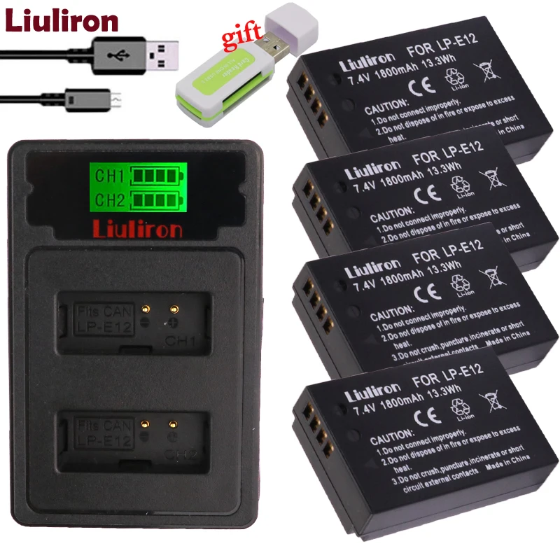 4Pcs 1800mAh LP E12 LP E12 LPE12 Li ion Battery +LCD USB Dual Charger