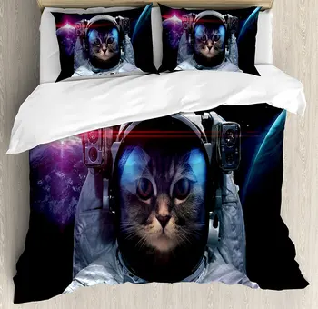

Space Cat Duvet Cover Set Cosmonaut Kitty in Galaxy Cosmos Nebula Stars with Eclipse Image 4 Piece Bedding Set