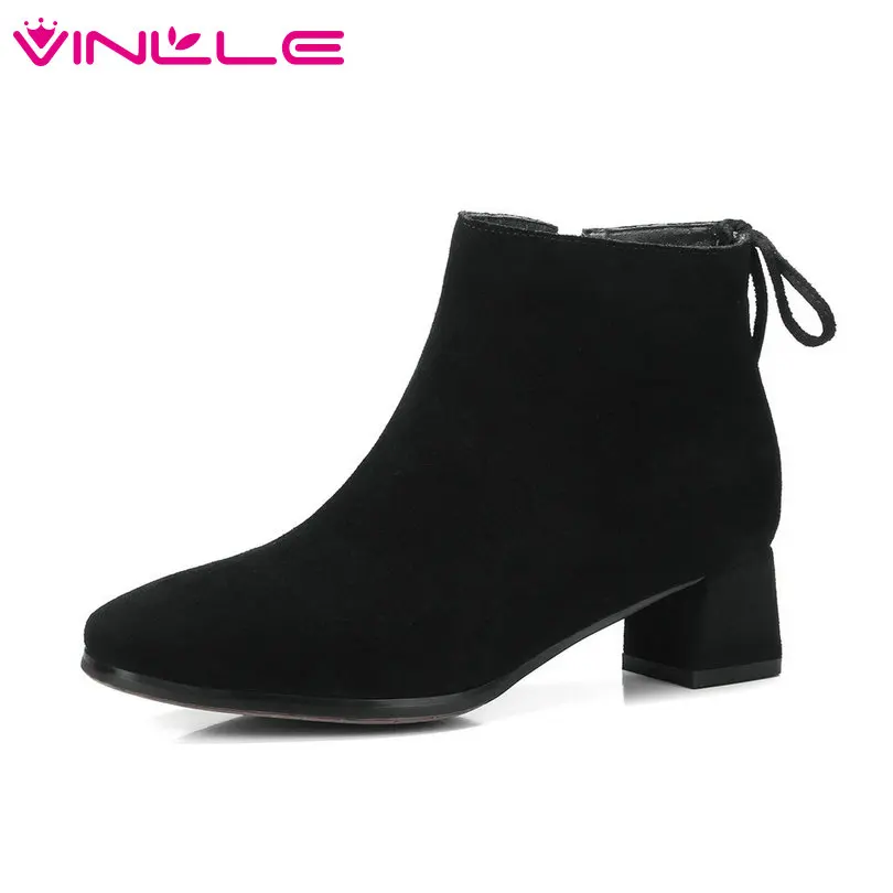 

VINLLE 2019 Winter Women Shoes Ankle Boots Square Med Heel Cow Suede+PU Pointed Toe Zipper Ladies Motorcycle Shoes Size 34-39