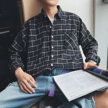 

2018 HongKong Style Newest Fashion Simple Men's Lattice Pattern Turn-down Collar Loose Casual 3 Color Long Sleeve Shirts M-2XL