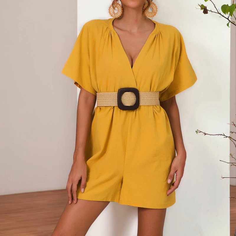 2019 Solid Color Cotton and Linen Short-sleeved Deep V-neck Womens Mini Playsuit Summer Holiday Casual Female Shorts Jumpsuit 2019 Solid Color Cotton and Linen Short-sleeved Deep V-neck Womens Mini Playsuit Summer Holiday Casual Female Shorts Jumpsuit
