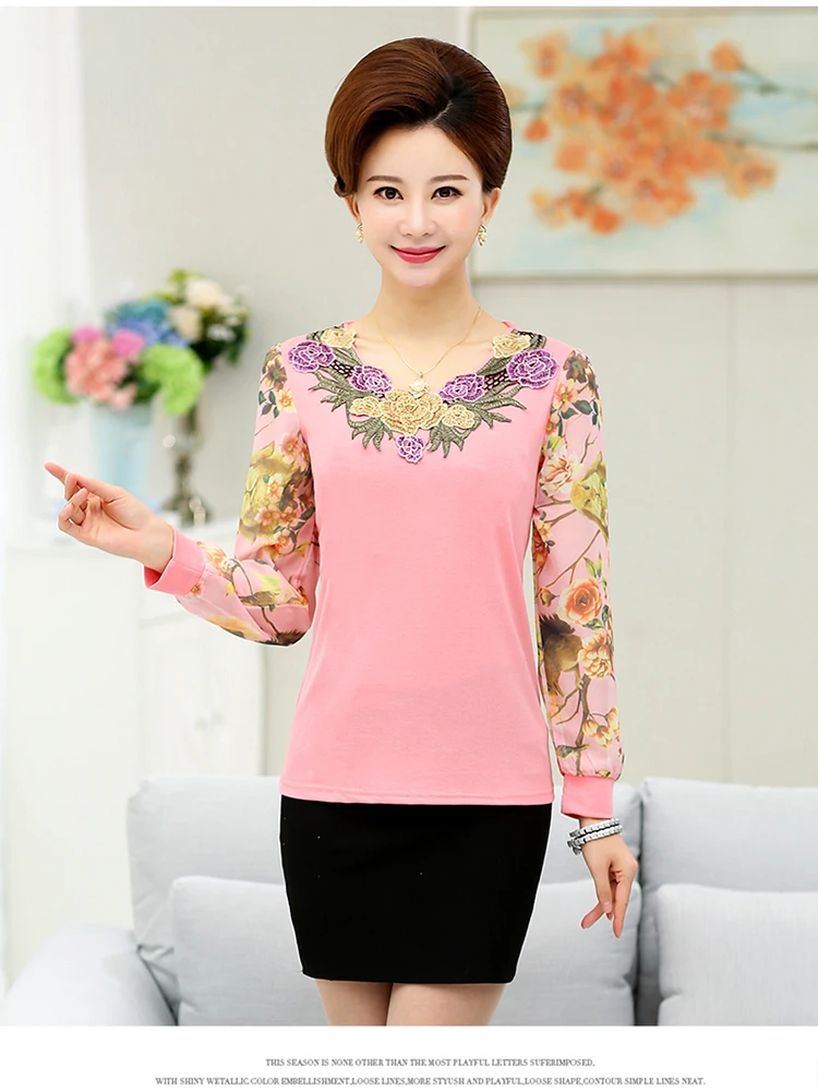 Продвижение новых женщин среднего возраста шифоновая блузка рубашка вышивка печать модный топ W56 - Цвет: Розовый