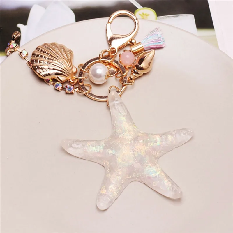 Big Crystal Starfish Keychain Simulated Pearl Shell Pendant Car Bag Key Ring Metal Keyfob For Women Jewelry Accessories | Украшения и
