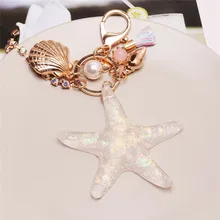 

Big Crystal Starfish Keychain Simulated Pearl Shell Pendant Car Bag Key Ring Metal Keyfob For Women Jewelry Accessories