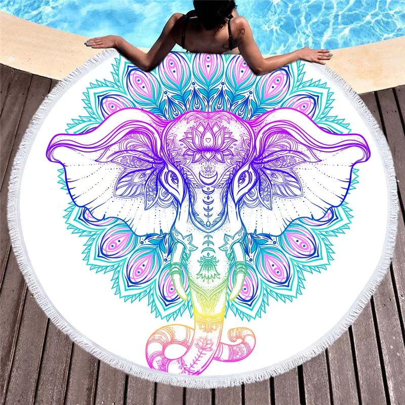 

Sun Elephant Printed Mandala Large Round Microfiber Beach Towel for Adults Kids Blankets with Tassels Summer Bikini Cover Up Mat