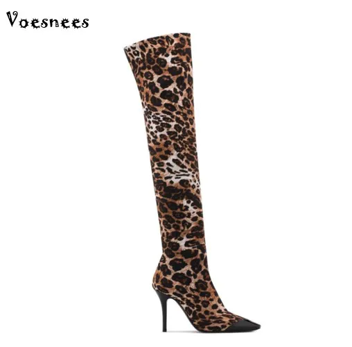 

2018 Leopard Over The Knee Boots Slim Thigh High Heel 10CM Boots Winter Women Shoes Stiletto Pole Dancing Shoes Pumps Size 35-43