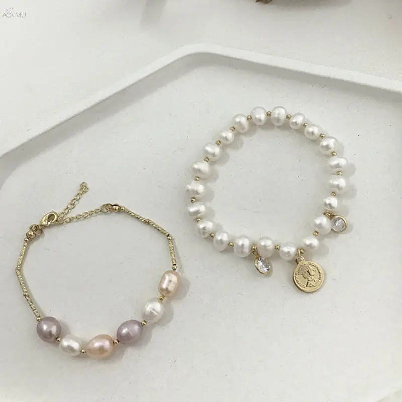 

AOMU Korea Colorful Imitation Pearl Rhinestones Bracelets For Women Geometric Metal Coin Portrait Bracelets Bangles Jewelry