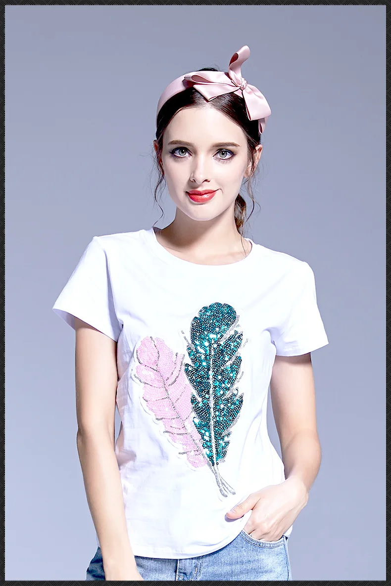 

2018 summer new women's sequins three-dimensional decorative banana leaf T fashion head bottoming shirt short-sleeved T-shirt
