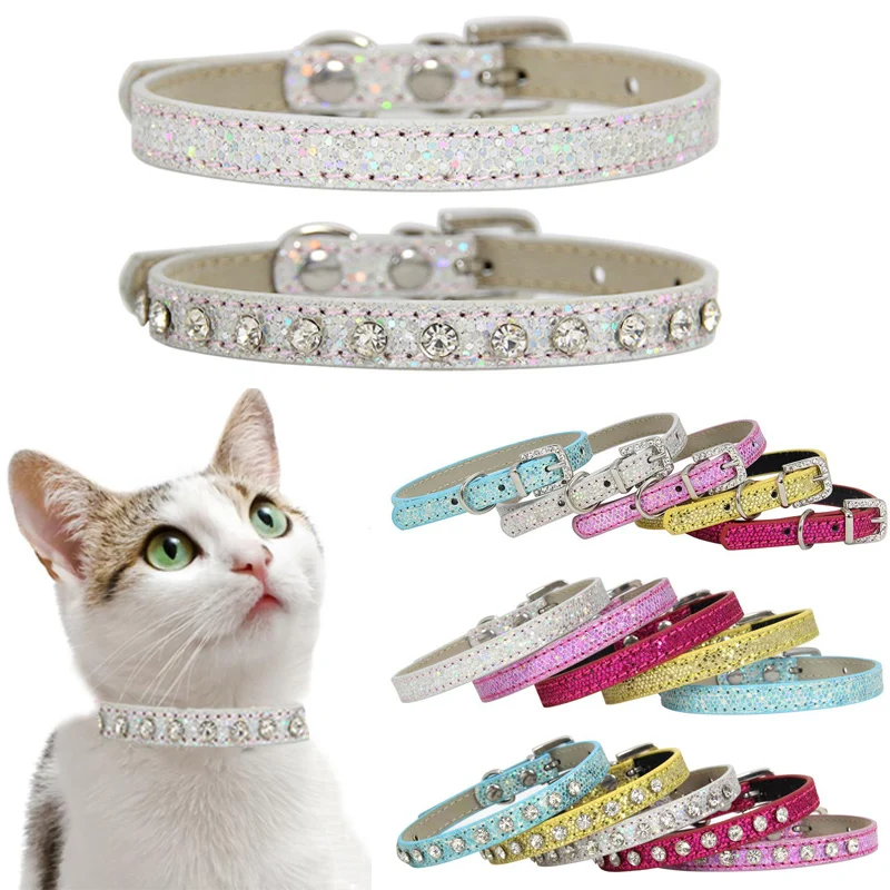 

Cat Collar Personalized Adjustable Shining Rhinestone Cat Collar Puppy Baby Dog Cat Collar Leather Strap for Kitten Accessories