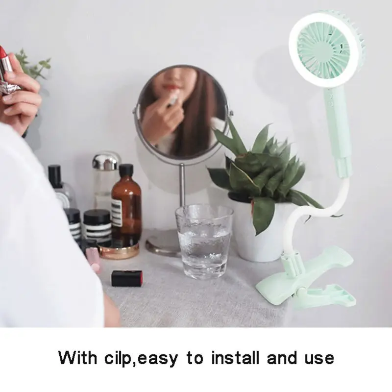 

USB Rechargeable Portable Clip On Stroller Fan 3 Speeds Flexible Bendable Mini Desk Electric Fan with LED Light Mobile Phone Sta