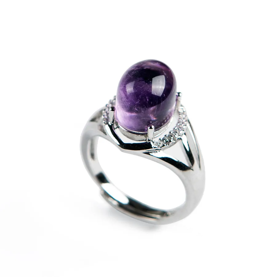 

Genuine Natural Purple Crystal Quartz Round Stone Bead Adjustable Size Women Party Stering Sliver Ring