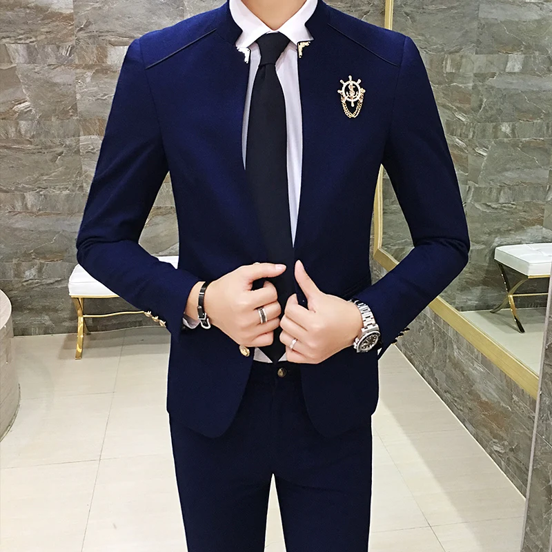 Chinese Style Stand Collar Suit Men Slim Fit Mens Wedding Suits Black