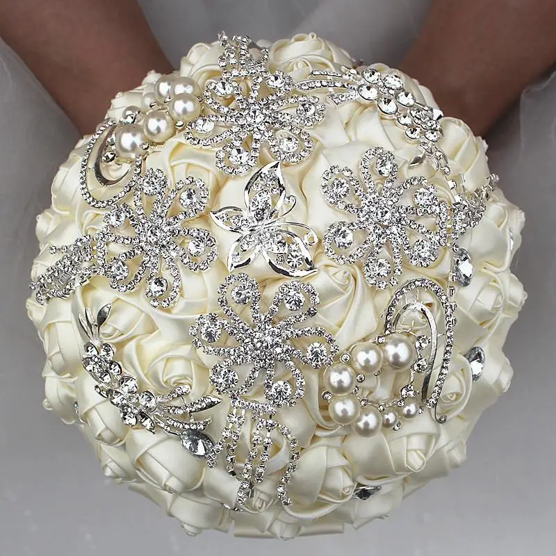 18CM Luxury Ivory Silk Rose Wedding Flowers Crystal Brooch Bridal Holding Flowers Tassel Full Diamond Stitch Wedding Bouquet