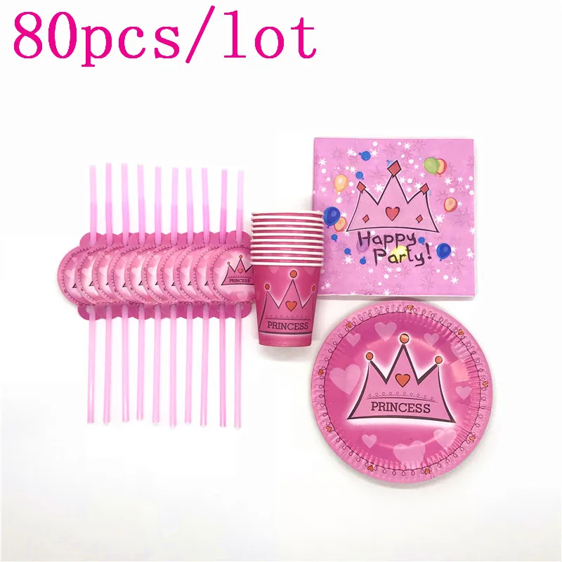 

80Pcs/Lot Pink Crown Theme Design Disposable Tableware Sets Girls Birthday Party Wedding Decoration Family Party Supplies