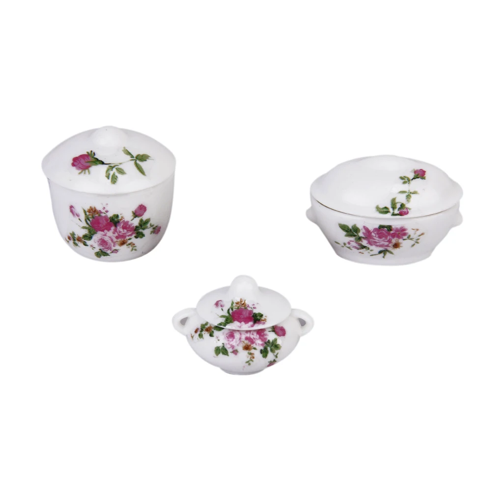 1/12 Dollhouse Miniature Dining Ware 1:12 Scale, Casserole Pot Bowl with Lids, for Doll House Kitchen Dining Room Decor
