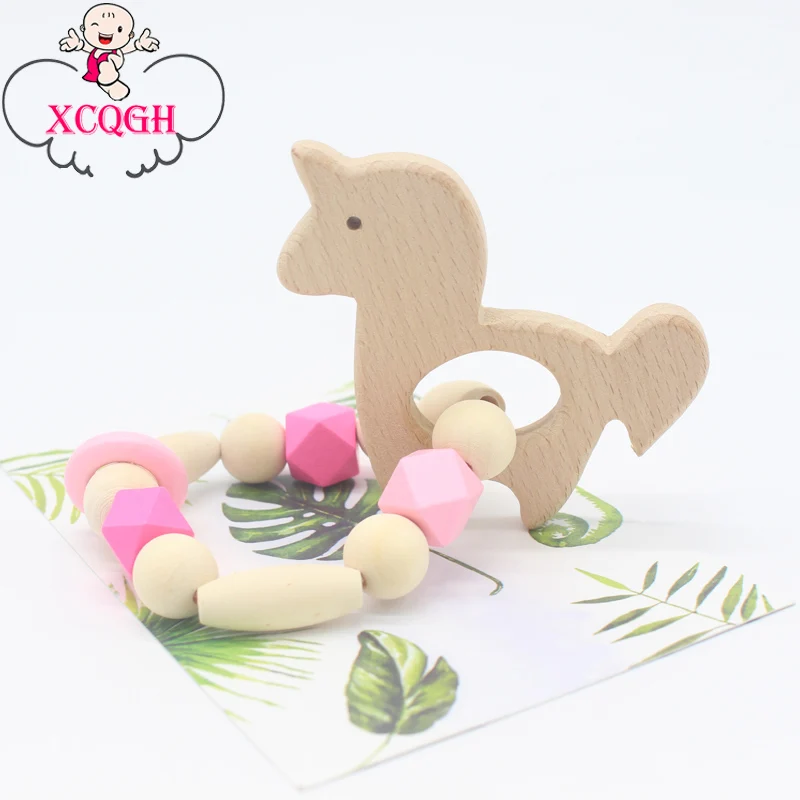 

XCQGH Unique Beech Wooden Pendant Teether Ring for Baby Boy Girl Teething Bracelet Baby Products