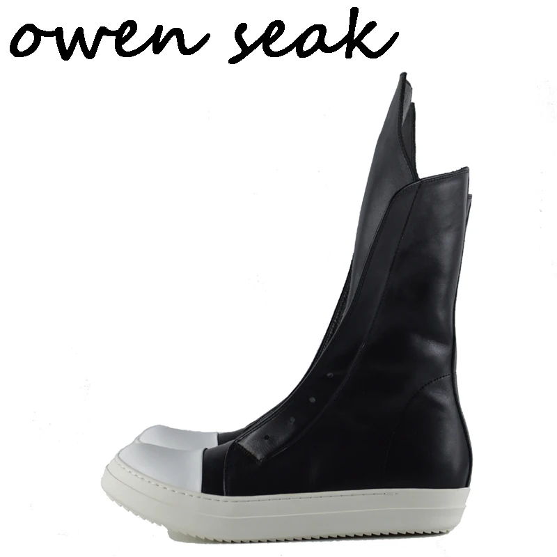 

Owen Seak Men Shoes High-TOP Luxury Trainers Genuine Leather Women Boots Casual Lace-up Zip Flats Black White Big Size Sneakers