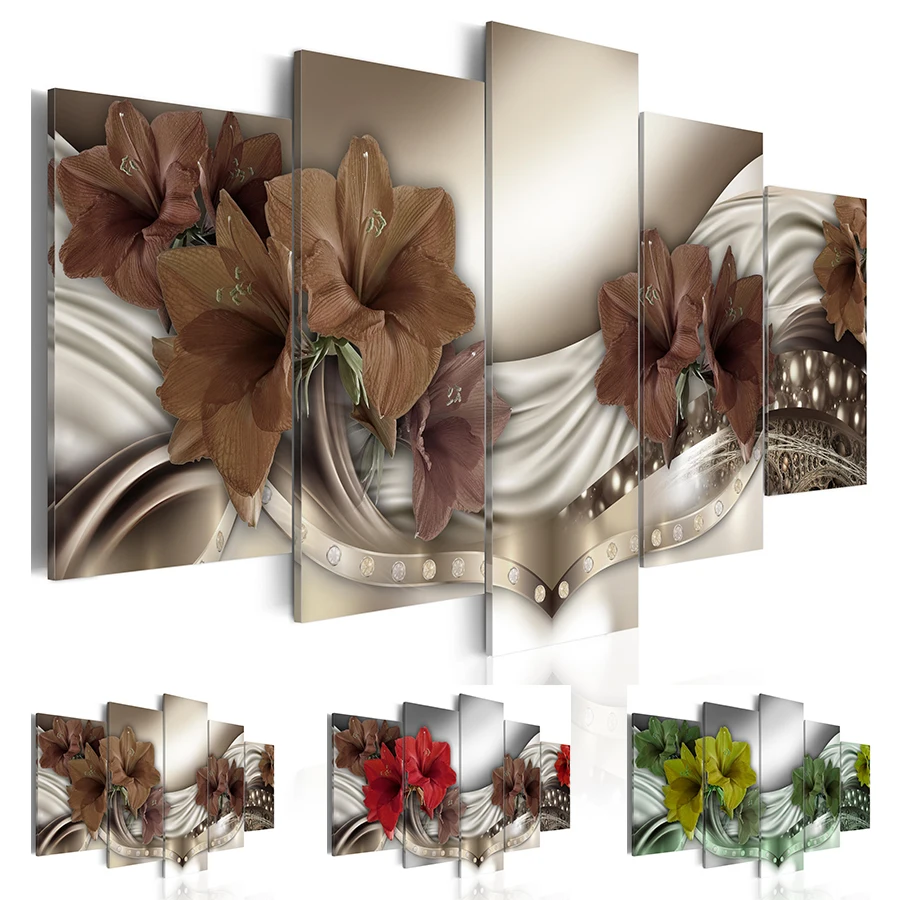 Fashion Wall Art Canvas Painting 5 Pieces Red Brown Green Diamond