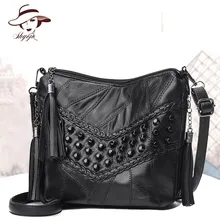 2018 Brand Genuine Leather Black Rivet Women Messenger Bag Tassel Crossbody Tote Hand Bag Flap Vintage Sheepskin Shoulder Bolsas