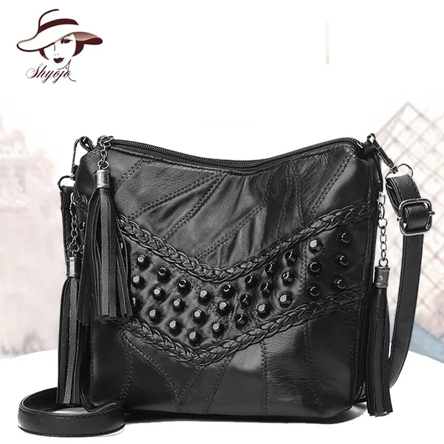 Cheap 2018 Brand Genuine Leather Black Rivet Women Messenger Bag Tassel Crossbody Tote Hand Bag Flap Vintage Sheepskin Shoulder Bolsas