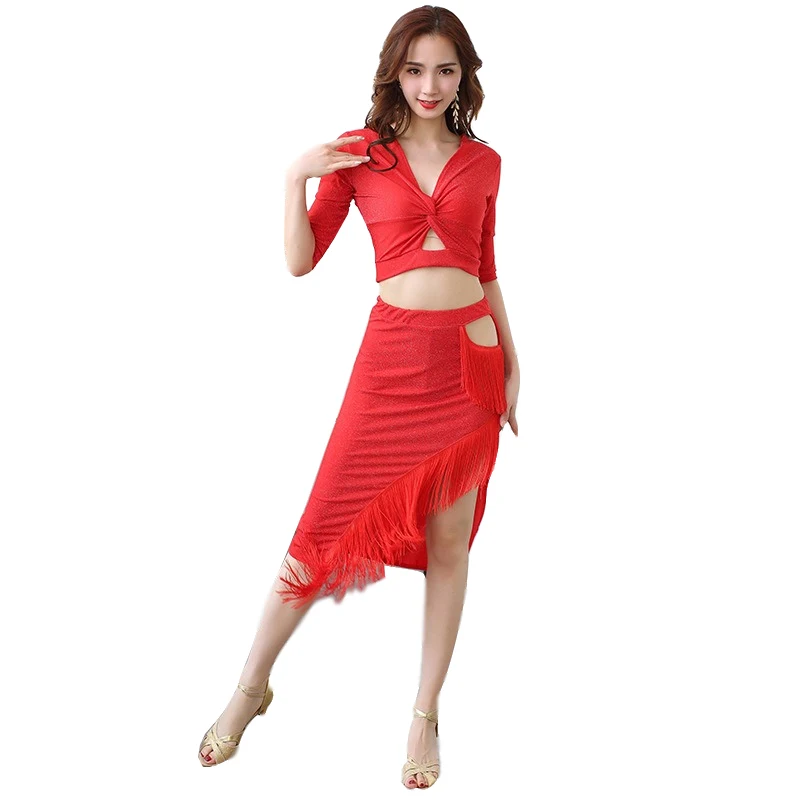 

Latin Stage Performance Competition Clothes Women Dance Dress Half Sleeves Samba Costume Set 2 Pieces Top and Skirt