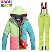 Gsou снег женские лыжный костюм зимняя Лыжная куртка+ лыжные Брюки для девочек Водонепроницаемый сноуборд куртка Брюки для девочек открытый горный Лыжный Спорт костюм спортивное пальто