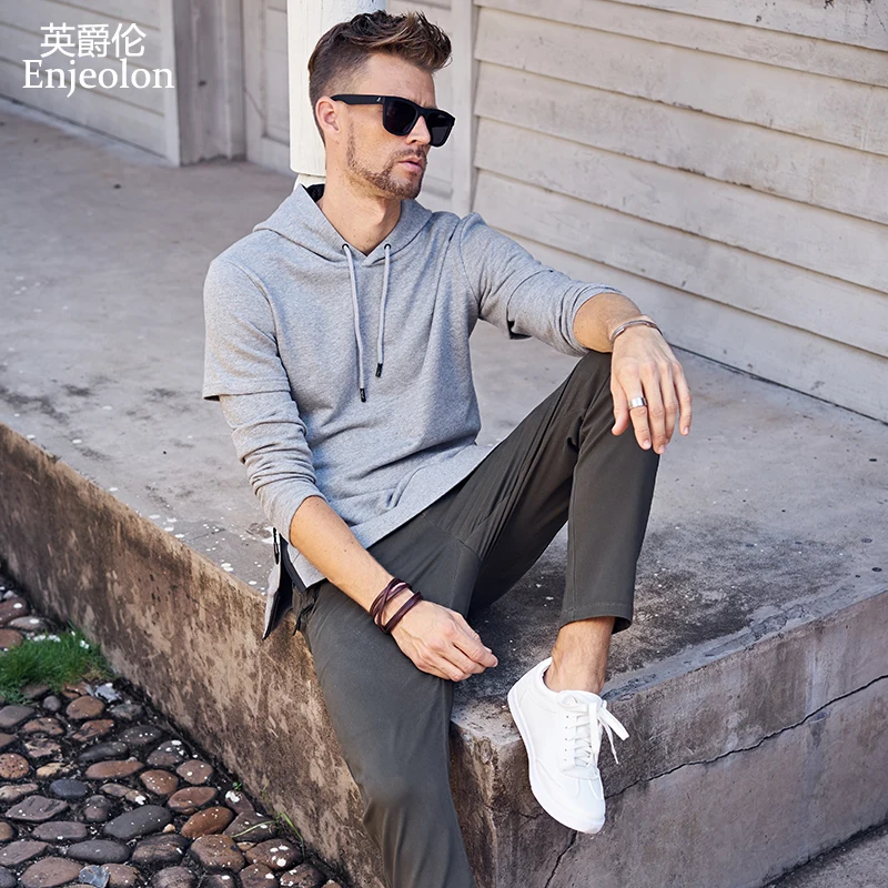 Enjeolon brand Long Sleeve hoodies Sweatshirt Men cotton clothes Black Sweatshirt Men False two pieces solid Clothing WY119