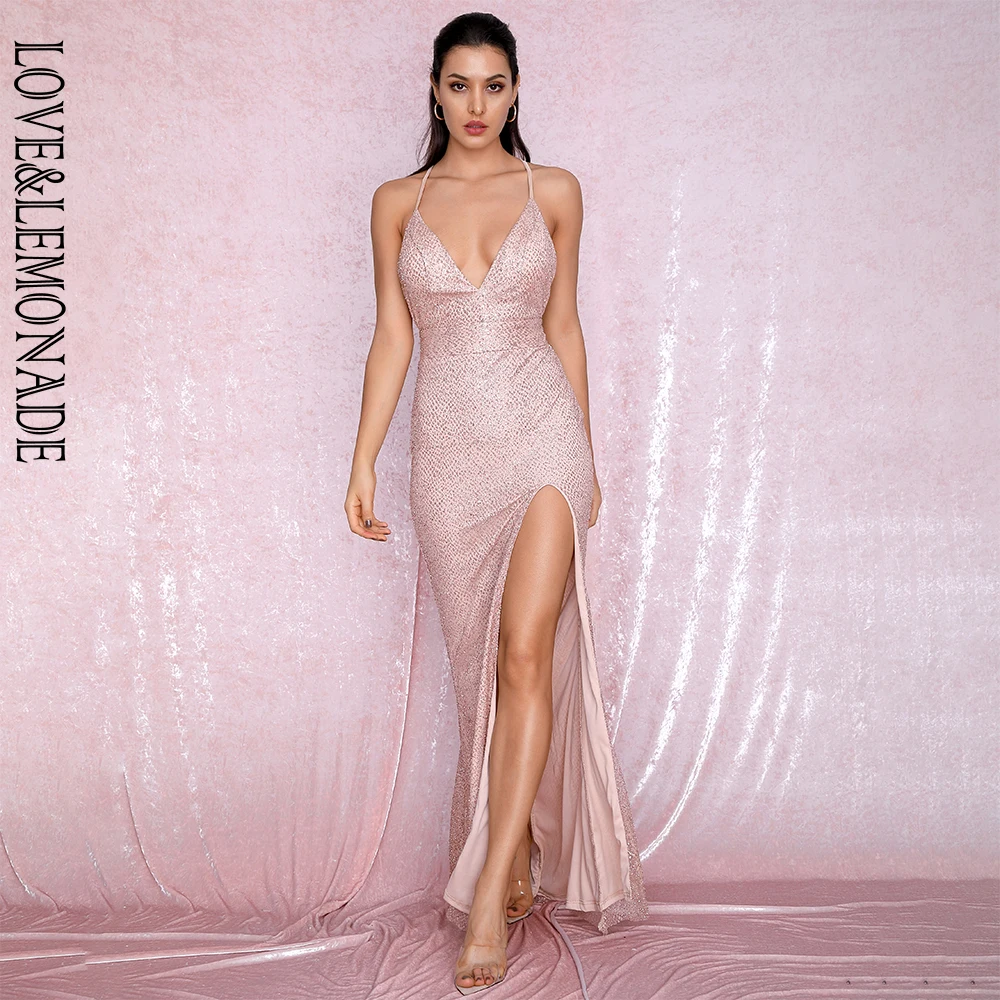 

LOVE&LEMONADE Sexy Deep V-Neck Rose Gold Open Back Glitter Glued Material Bodycon Whit Split Maxi Dress LM81873 ROSEGOLD