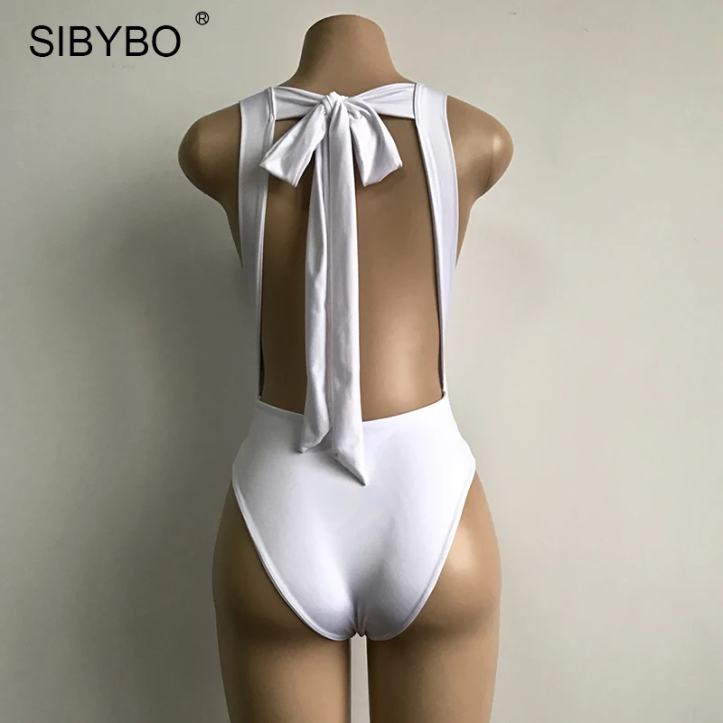 Sibybo 2019 Sexy Chic Backless Bodysuit Women Black / White Deep V Neck Summer Bodycon Bodysuit Rompers Womens Jumpsuit