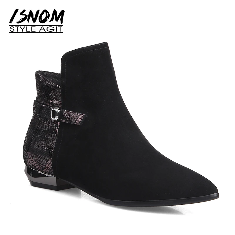 

ISNOM Plus Size Leather Women Ankle Boots Pointed Toe Crystal Footwear Elevator Female Boot Shoes Women 2018 Casual Shoes New