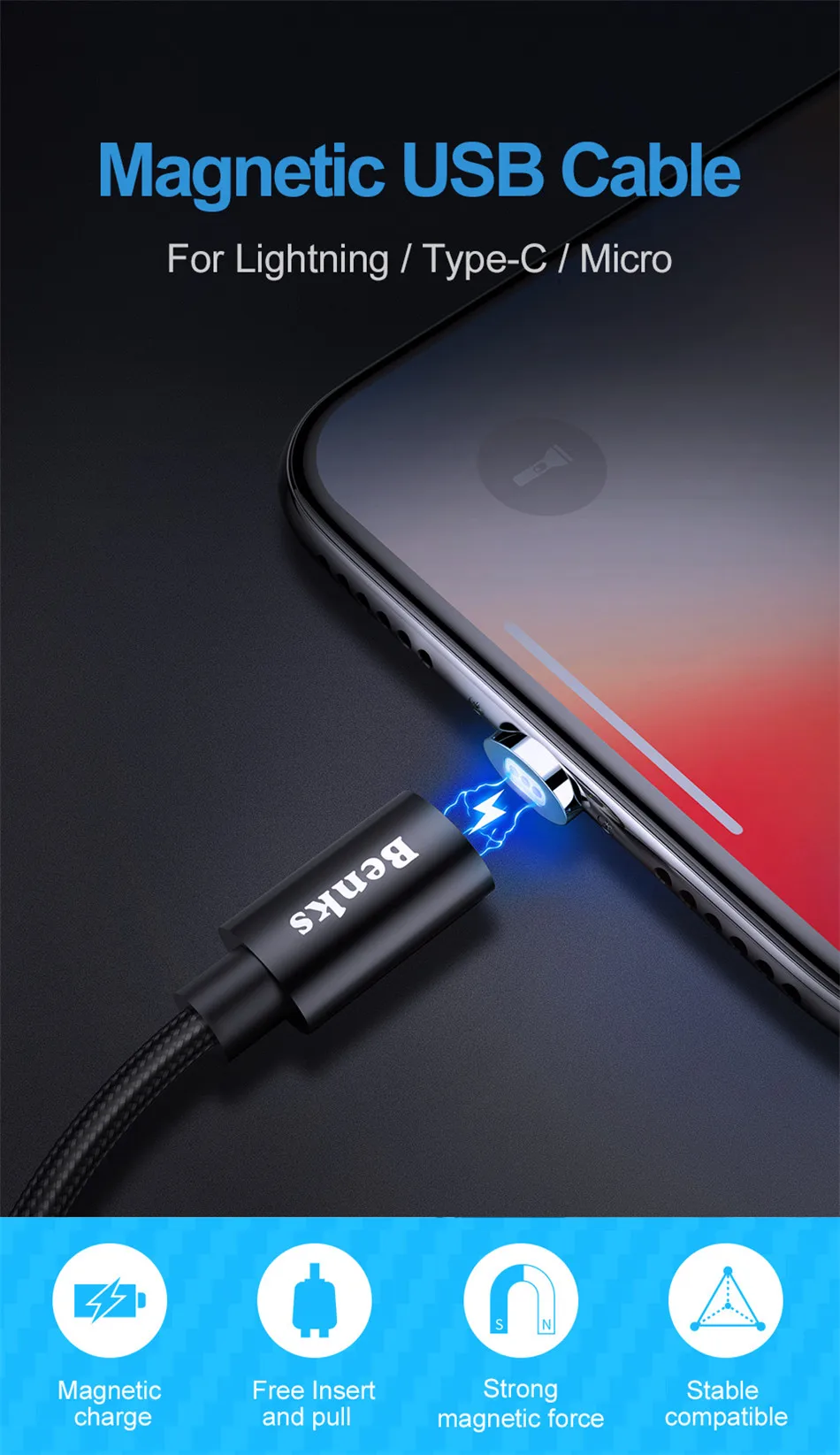 Benks Strong Magnetic Micro USB Android Charging Cable For Samsung Galaxy Huawei Xiaomi Universal Nylon Phone Charge Cables 1 (1)