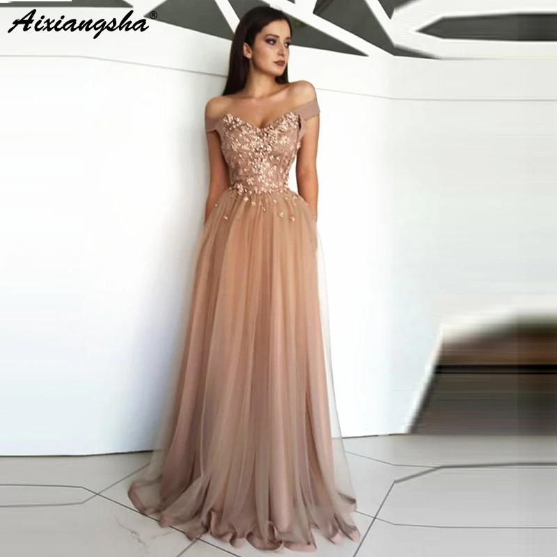 

Champagne Muslim Evening Dress 2019 A-line Off The Shoulder Tulle Lace abiye Dubai Saudi Arabic Long Evening Gown Prom Dresses