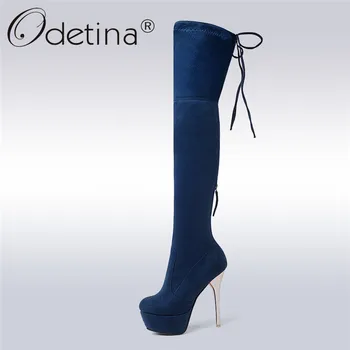 

Odetina New Fashion Suede Lady Sexy Thigh Boots Women Super High Heels Stilettos Slip On Zip Platform Boots Plush Winter Autumn