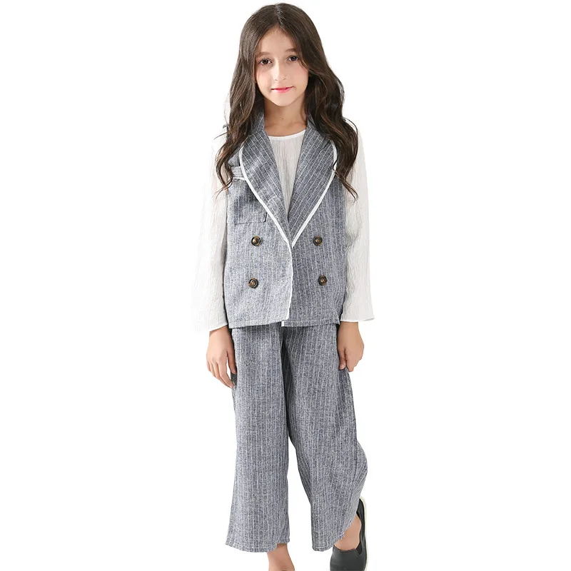 

Teen Girls Children Clothing Set 6 8 10 12 14 15 Spring Autumn 3pcs Striped suit Winter Fashion Wide leg pants + Vest + Shirt