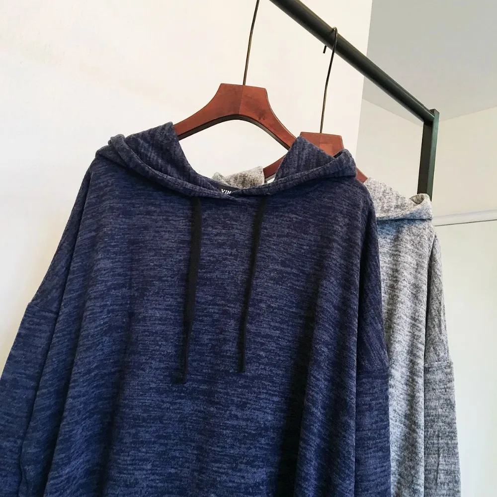 2017 Весна и осень смешанные трикотажная с капюшоном sweatershirt свободный рукав "летучая мышь" боковые карманы средней длины пуловер с капюшоном