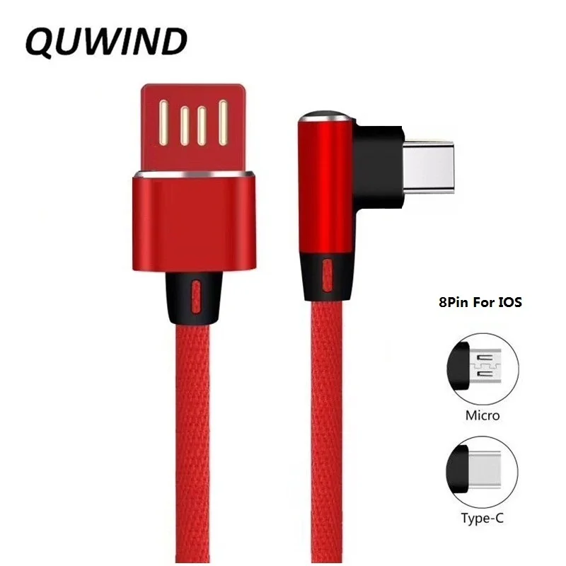 QUWIND 90 градусов 8Pin type C Micro Usb Реверсивный USB кабель для передачи данных 1 м для iPhone 6 7 8 X samsung HuaWei Xiaomi Android